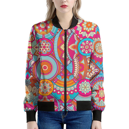 Retro Bohemian Mandala Pattern Print Women's Bomber Jacket