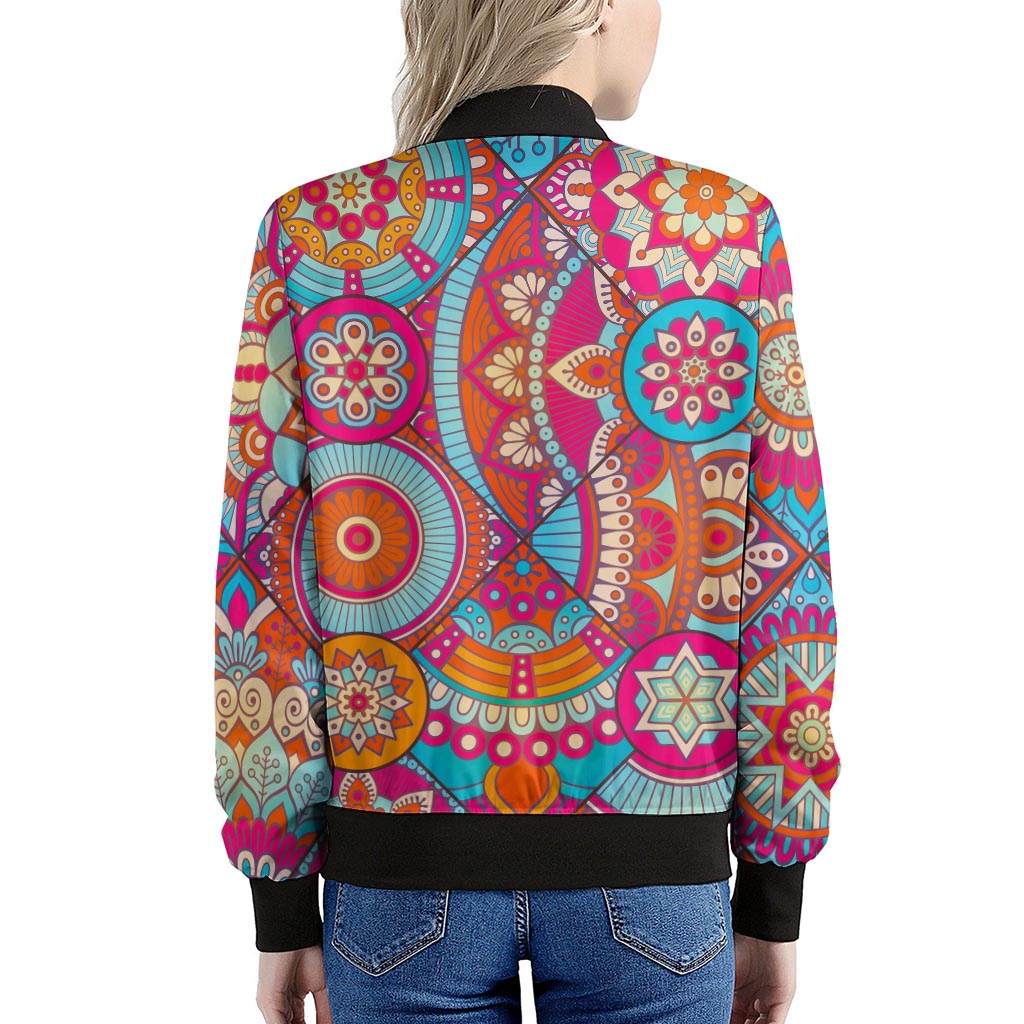 Retro Bohemian Mandala Pattern Print Women's Bomber Jacket