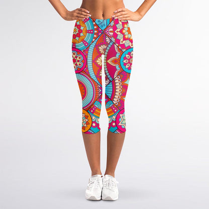 Retro Bohemian Mandala Pattern Print Women's Capri Leggings