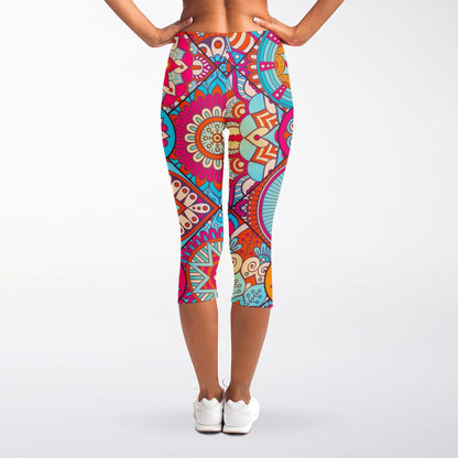 Retro Bohemian Mandala Pattern Print Women's Capri Leggings