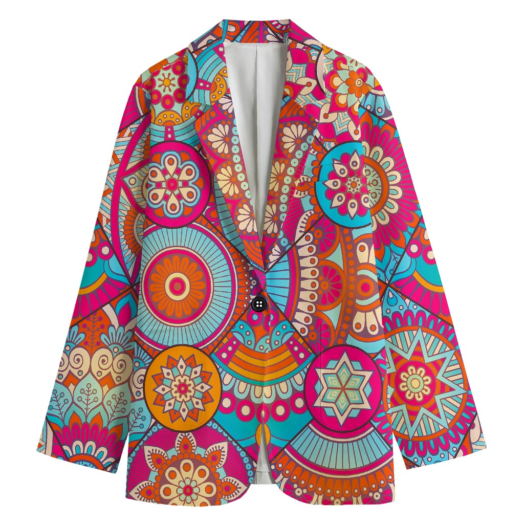 Retro Bohemian Mandala Pattern Print Women's Cotton Blazer