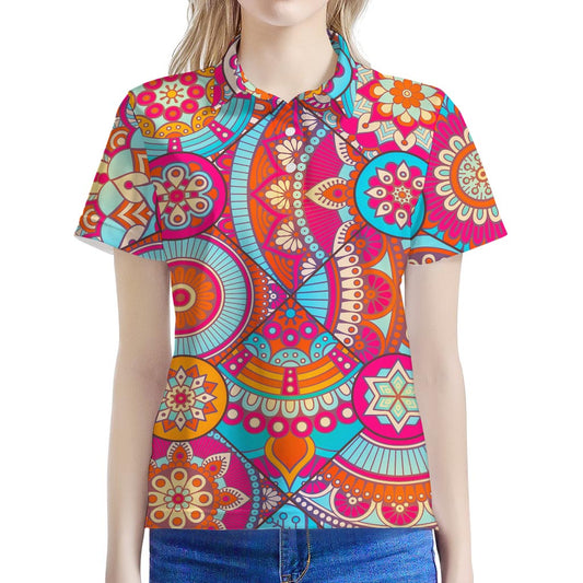 Retro Bohemian Mandala Pattern Print Women's Polo Shirt