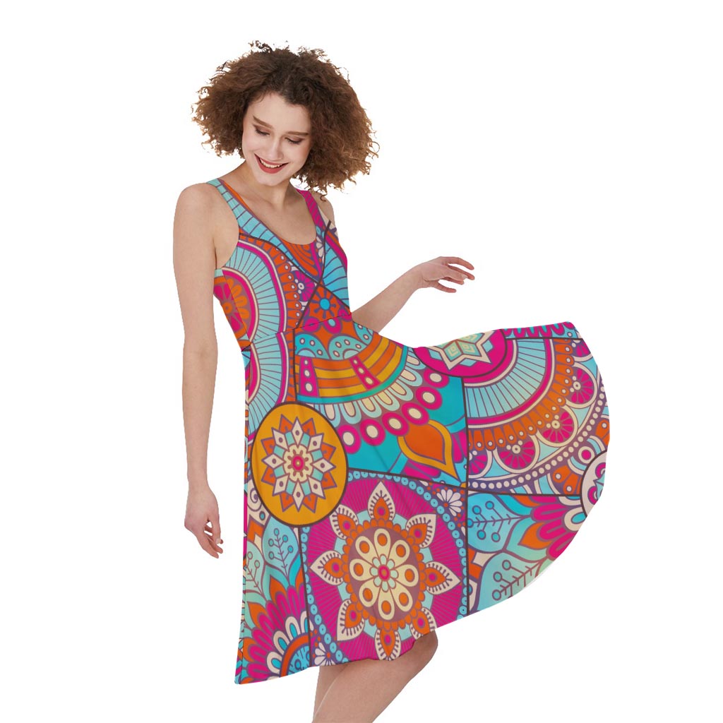 Retro Bohemian Mandala Pattern Print Women's Sleeveless Dress