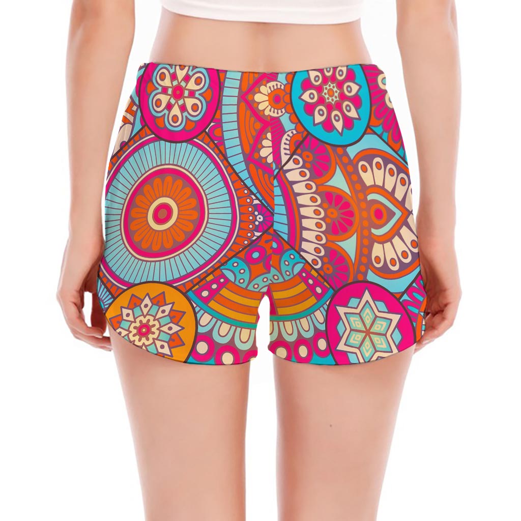 Retro Bohemian Mandala Pattern Print Women's Split Running Shorts