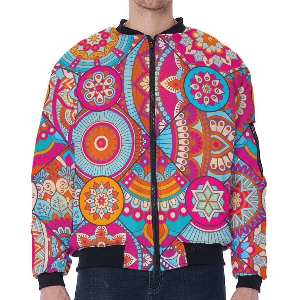 Retro Bohemian Mandala Pattern Print Zip Sleeve Bomber Jacket
