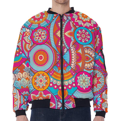 Retro Bohemian Mandala Pattern Print Zip Sleeve Bomber Jacket