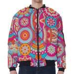 Retro Bohemian Mandala Pattern Print Zip Sleeve Bomber Jacket