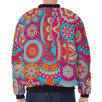 Retro Bohemian Mandala Pattern Print Zip Sleeve Bomber Jacket