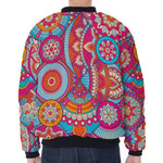 Retro Bohemian Mandala Pattern Print Zip Sleeve Bomber Jacket