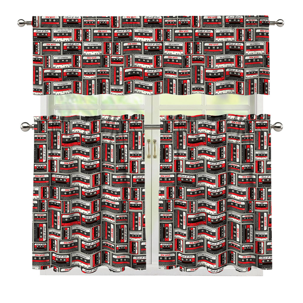 Retro Cassette Tape Pattern Print 3 Piece Kitchen Curtains