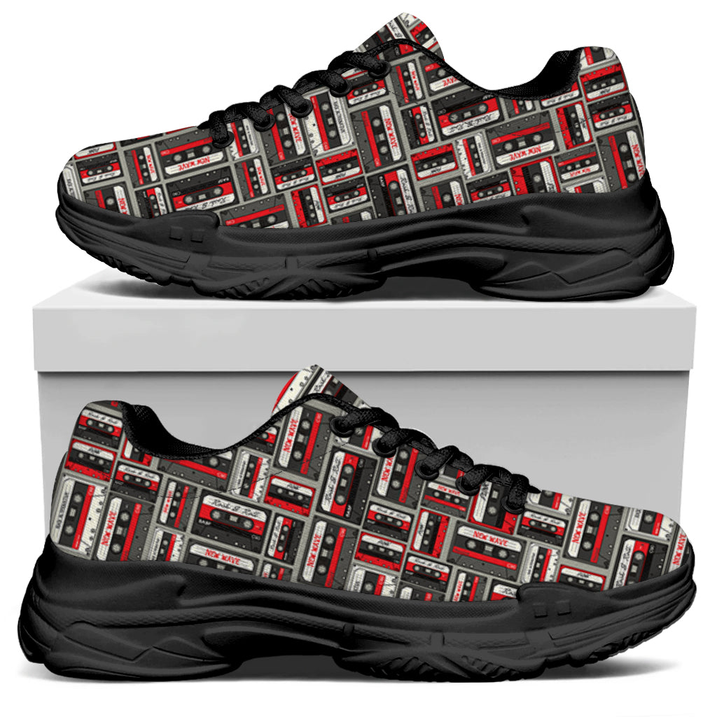 Retro Cassette Tape Pattern Print Black Chunky Shoes