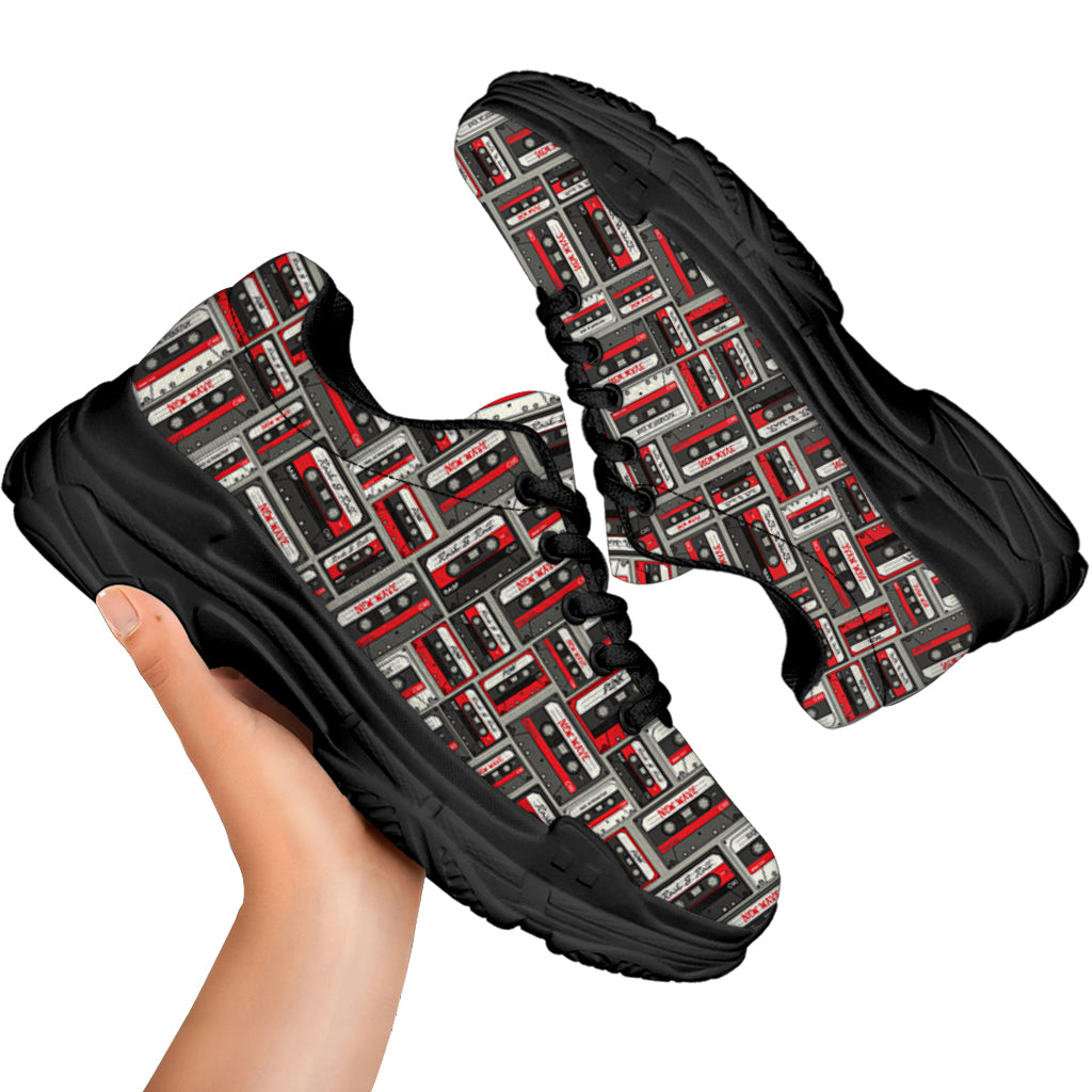 Retro Cassette Tape Pattern Print Black Chunky Shoes