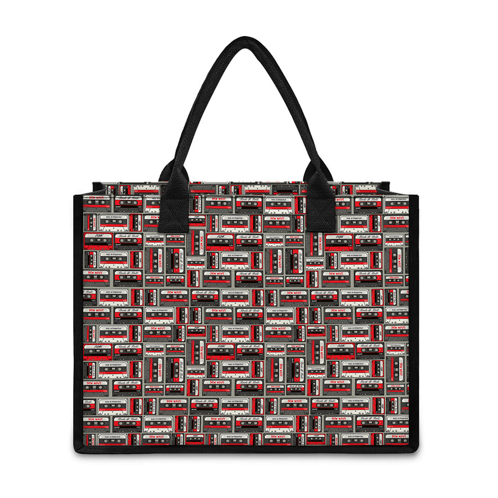 Retro Cassette Tape Pattern Print Canvas Tote Bag