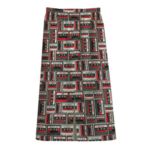 Retro Cassette Tape Pattern Print Cotton Front Slit Maxi Skirt