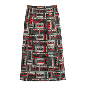 Retro Cassette Tape Pattern Print Cotton Front Slit Maxi Skirt