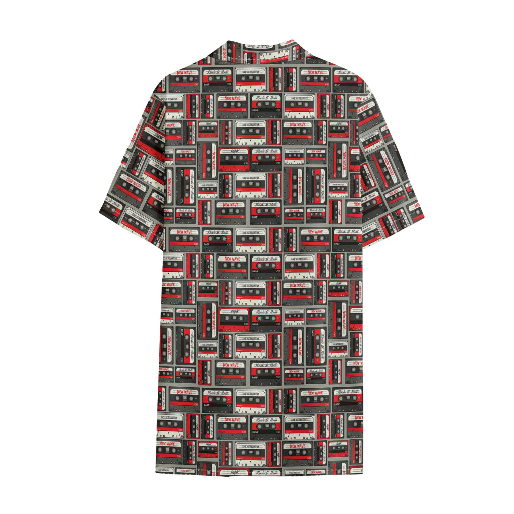 Retro Cassette Tape Pattern Print Cotton Hawaiian Shirt