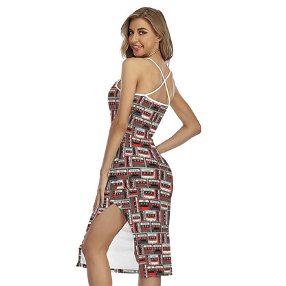 Retro Cassette Tape Pattern Print Cross Back Cami Dress