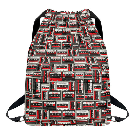 Retro Cassette Tape Pattern Print Drawstring Backpack