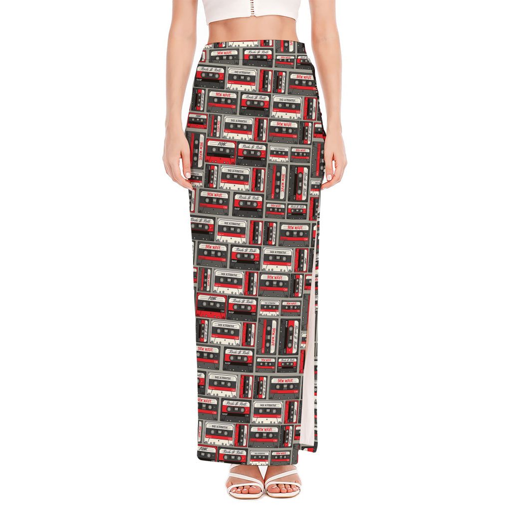 Retro Cassette Tape Pattern Print High Slit Maxi Skirt