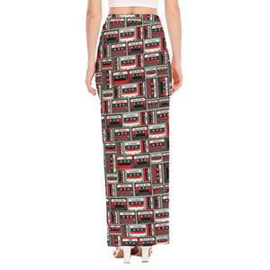 Retro Cassette Tape Pattern Print High Slit Maxi Skirt