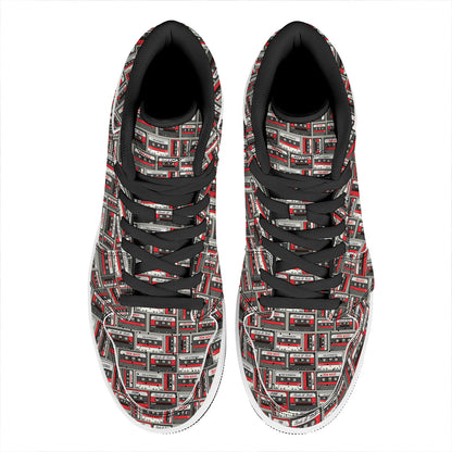 Retro Cassette Tape Pattern Print High Top Leather Sneakers
