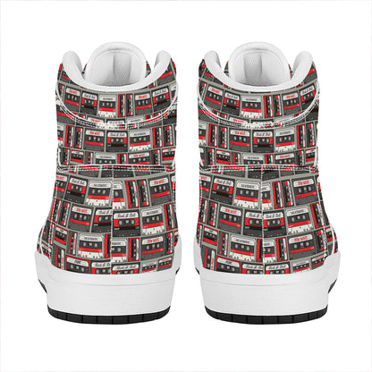 Retro Cassette Tape Pattern Print High Top Leather Sneakers