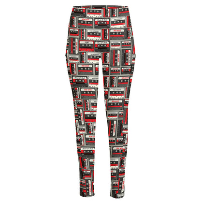 Retro Cassette Tape Pattern Print High-Waisted Pocket Leggings