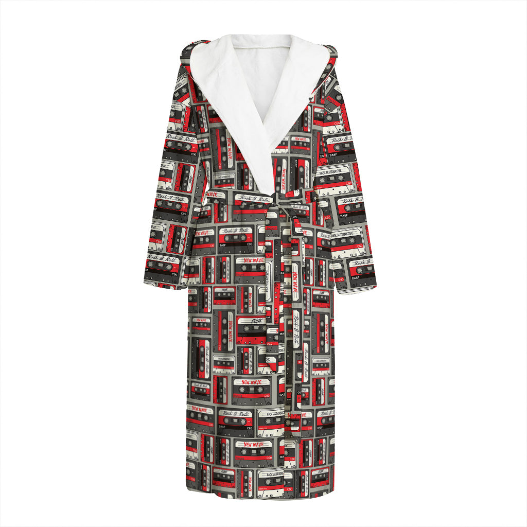 Retro Cassette Tape Pattern Print Hooded Bathrobe