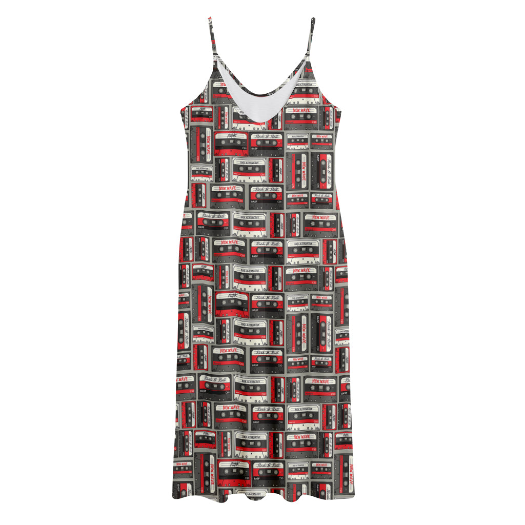 Retro Cassette Tape Pattern Print Jersey Midi Cami Dress