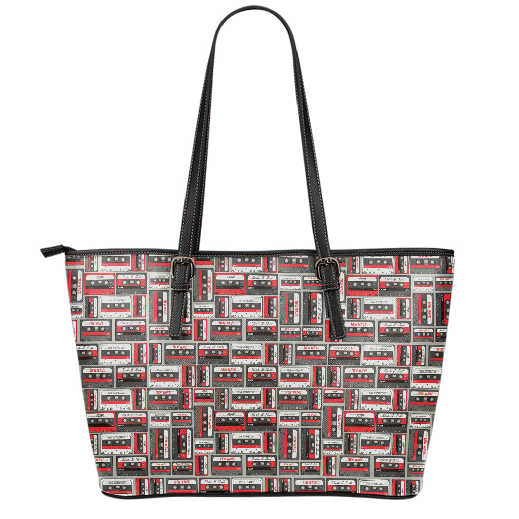 Retro Cassette Tape Pattern Print Leather Tote Bag