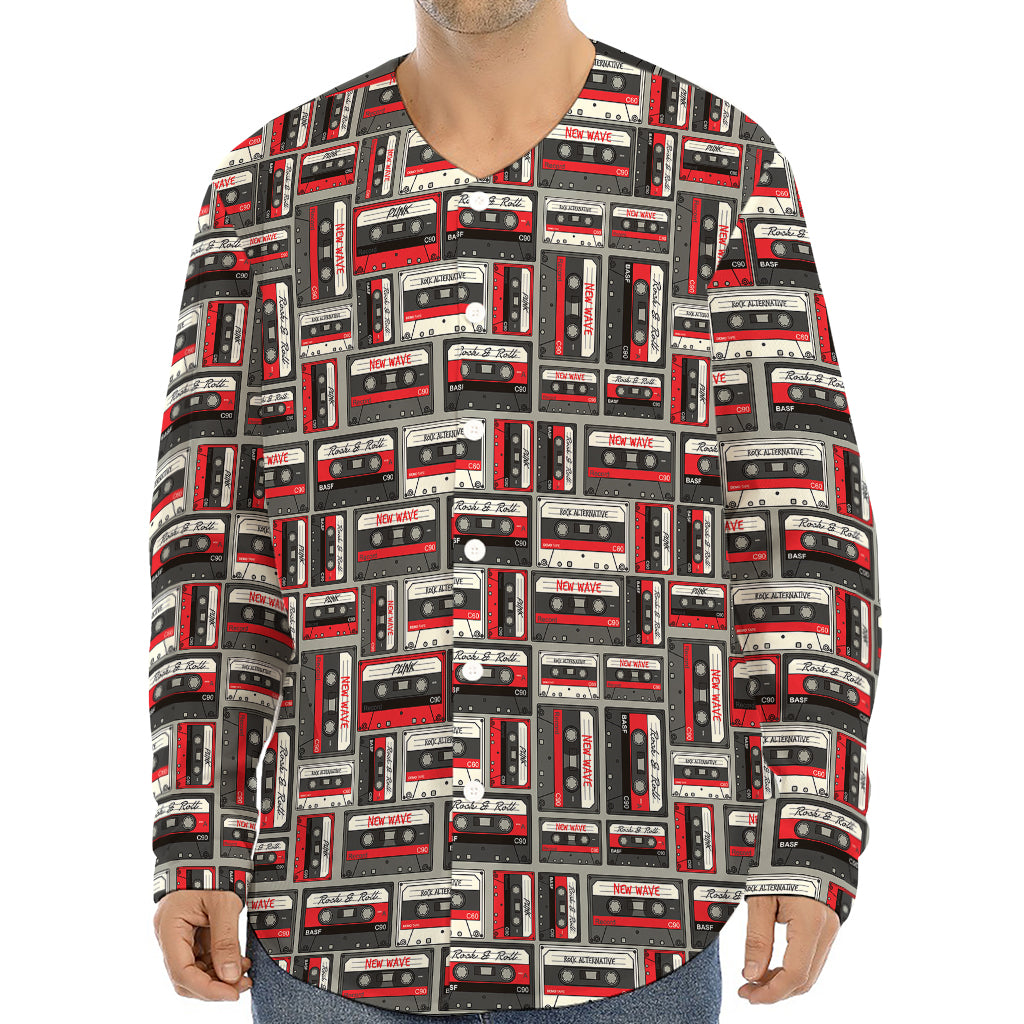 Retro Cassette Tape Pattern Print Long Sleeve Baseball Jersey