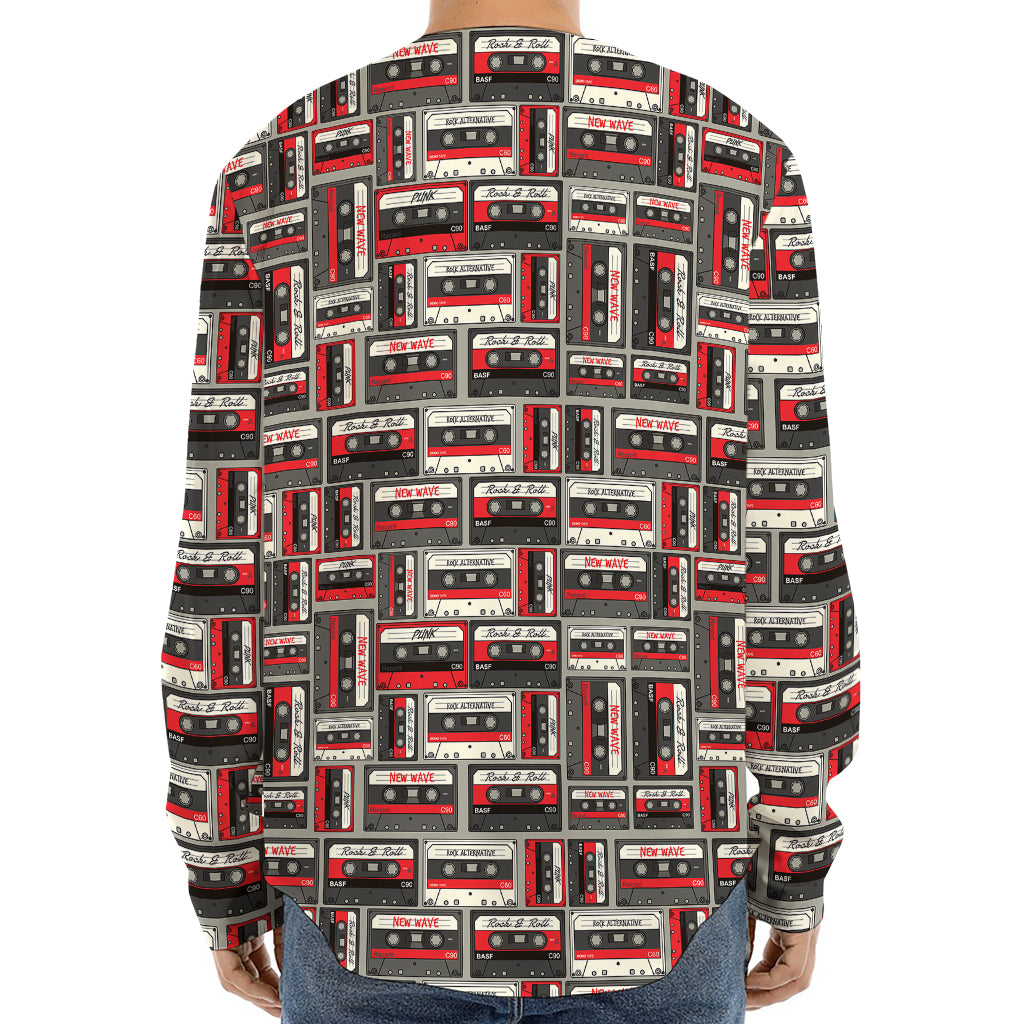 Retro Cassette Tape Pattern Print Long Sleeve Baseball Jersey