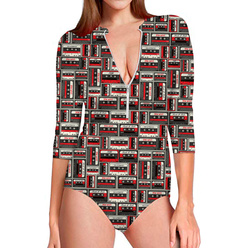 Retro Cassette Tape Pattern Print Long Sleeve Swimsuit