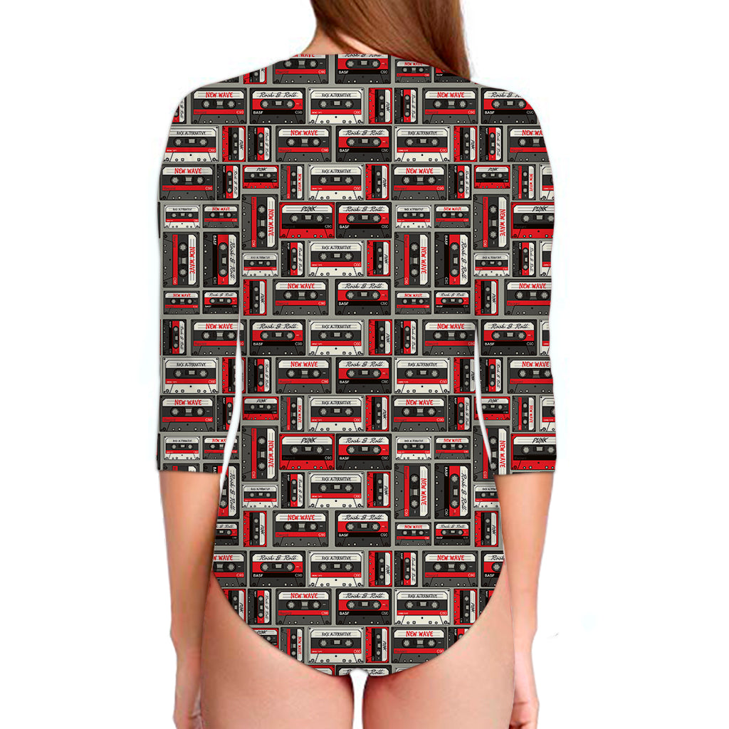 Retro Cassette Tape Pattern Print Long Sleeve Swimsuit