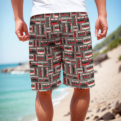 Retro Cassette Tape Pattern Print Men's Cargo Shorts