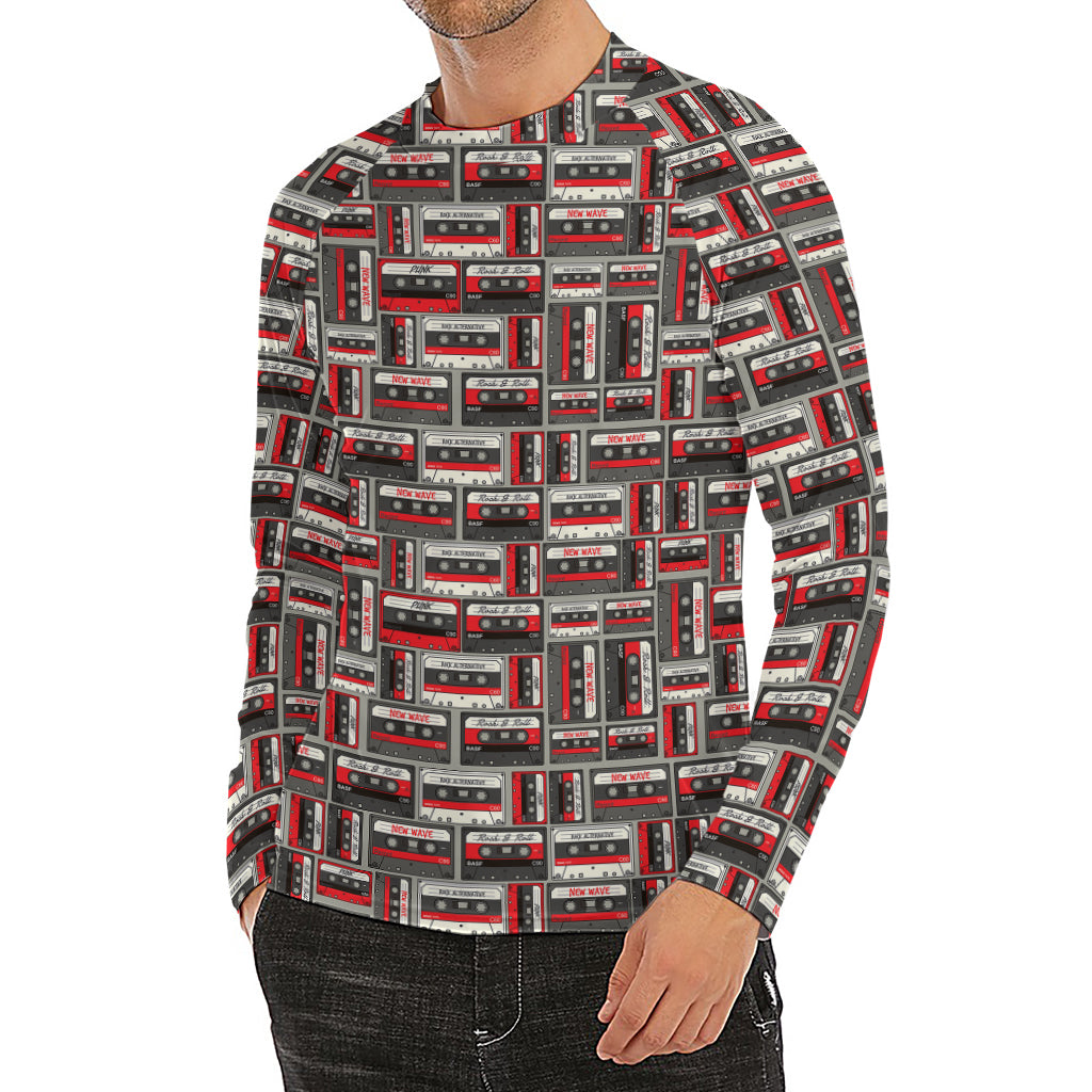 Retro Cassette Tape Pattern Print Men's Long Sleeve Rash Guard