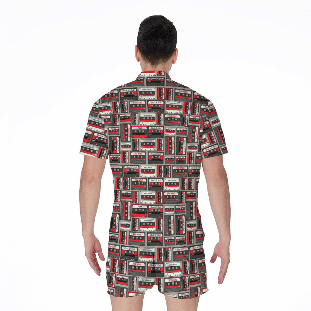 Retro Cassette Tape Pattern Print Men's Rompers