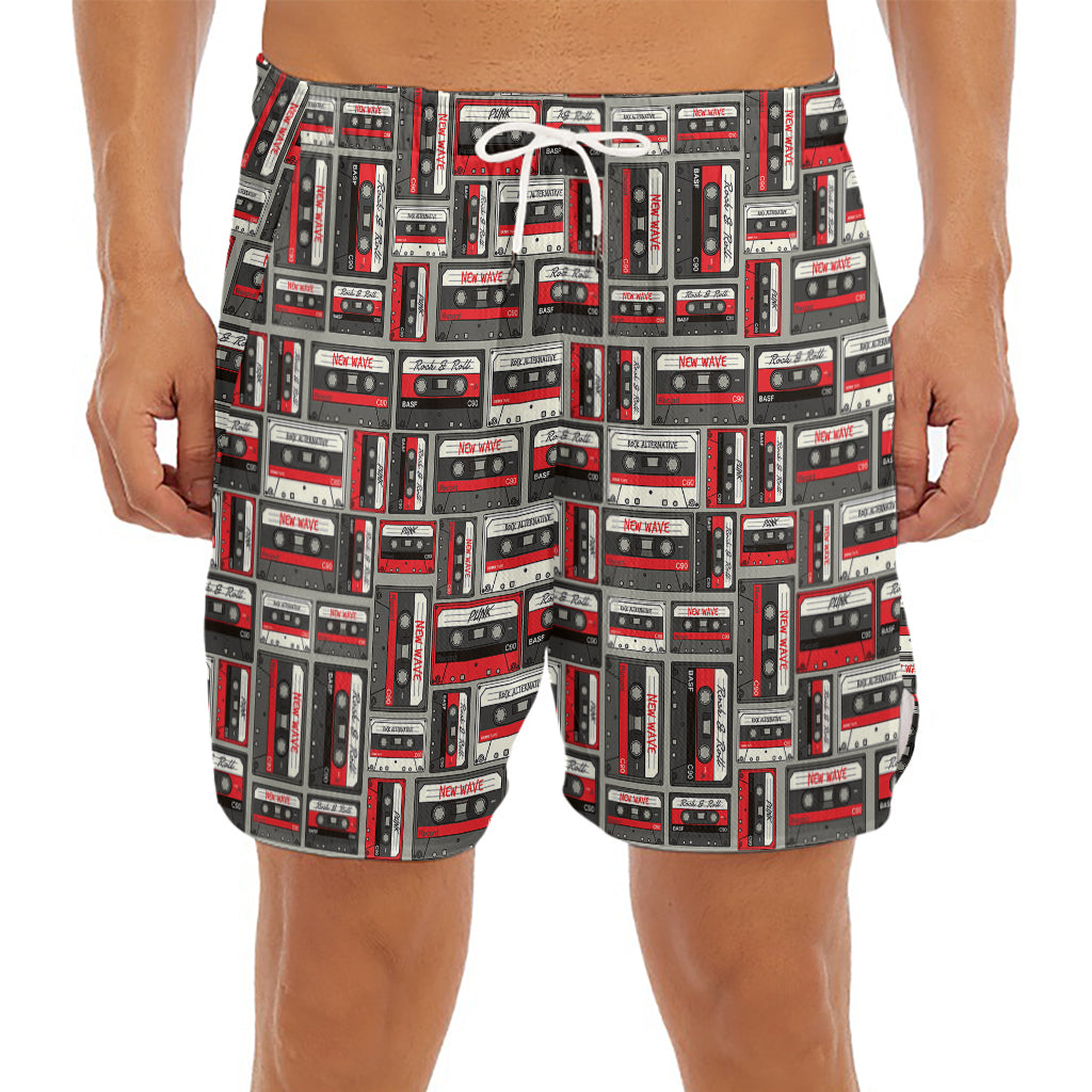 Retro Cassette Tape Pattern Print Men's Split Running Shorts