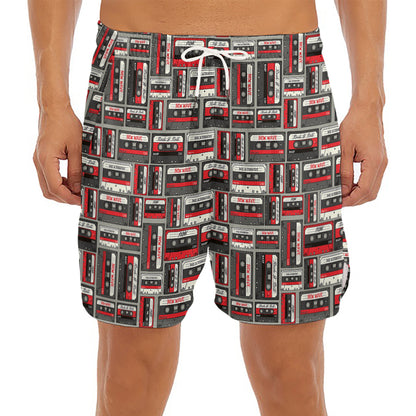Retro Cassette Tape Pattern Print Men's Split Running Shorts
