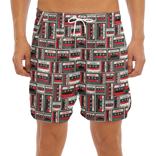 Retro Cassette Tape Pattern Print Men's Split Running Shorts
