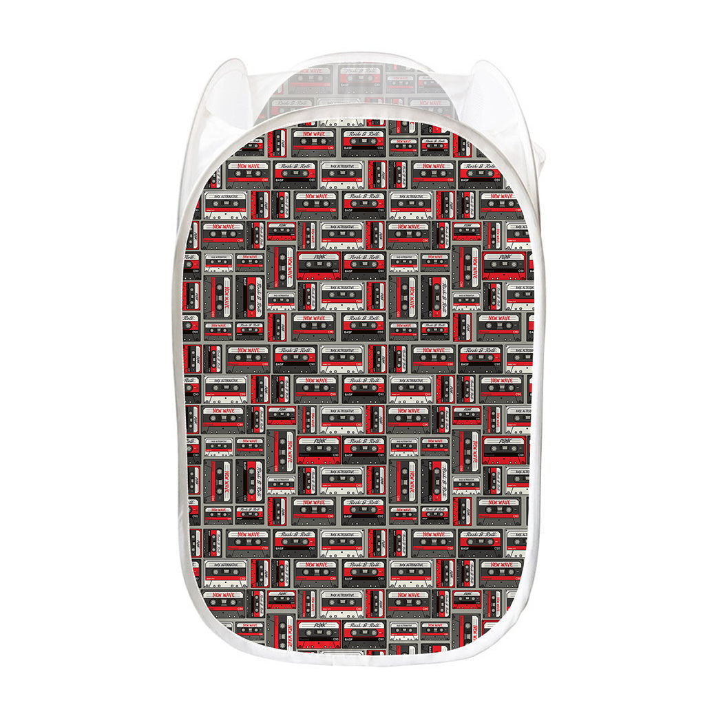 Retro Cassette Tape Pattern Print Mesh Laundry Hamper