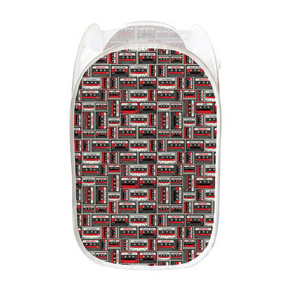 Retro Cassette Tape Pattern Print Mesh Laundry Hamper