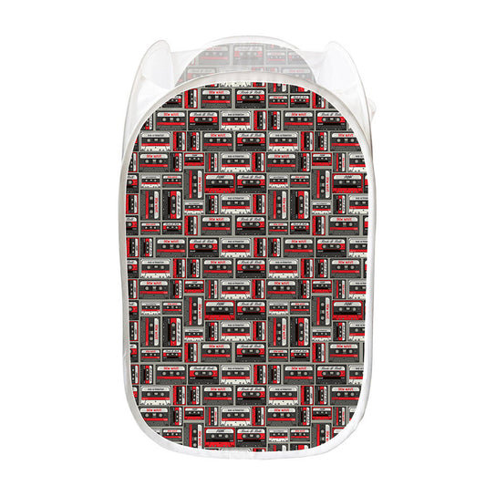 Retro Cassette Tape Pattern Print Mesh Laundry Hamper