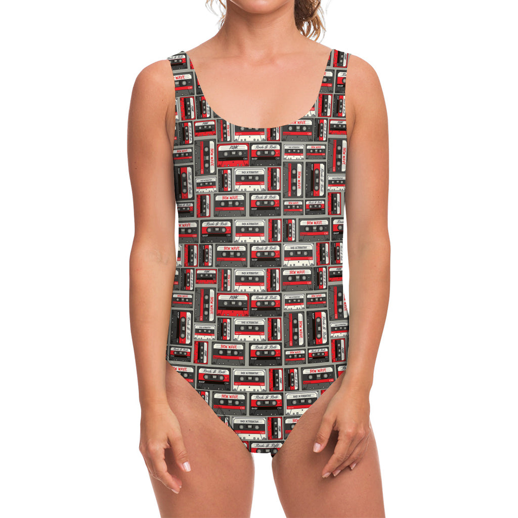 Retro Cassette Tape Pattern Print One Piece Swimsuit