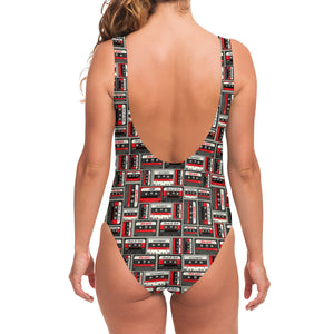 Retro Cassette Tape Pattern Print One Piece Swimsuit