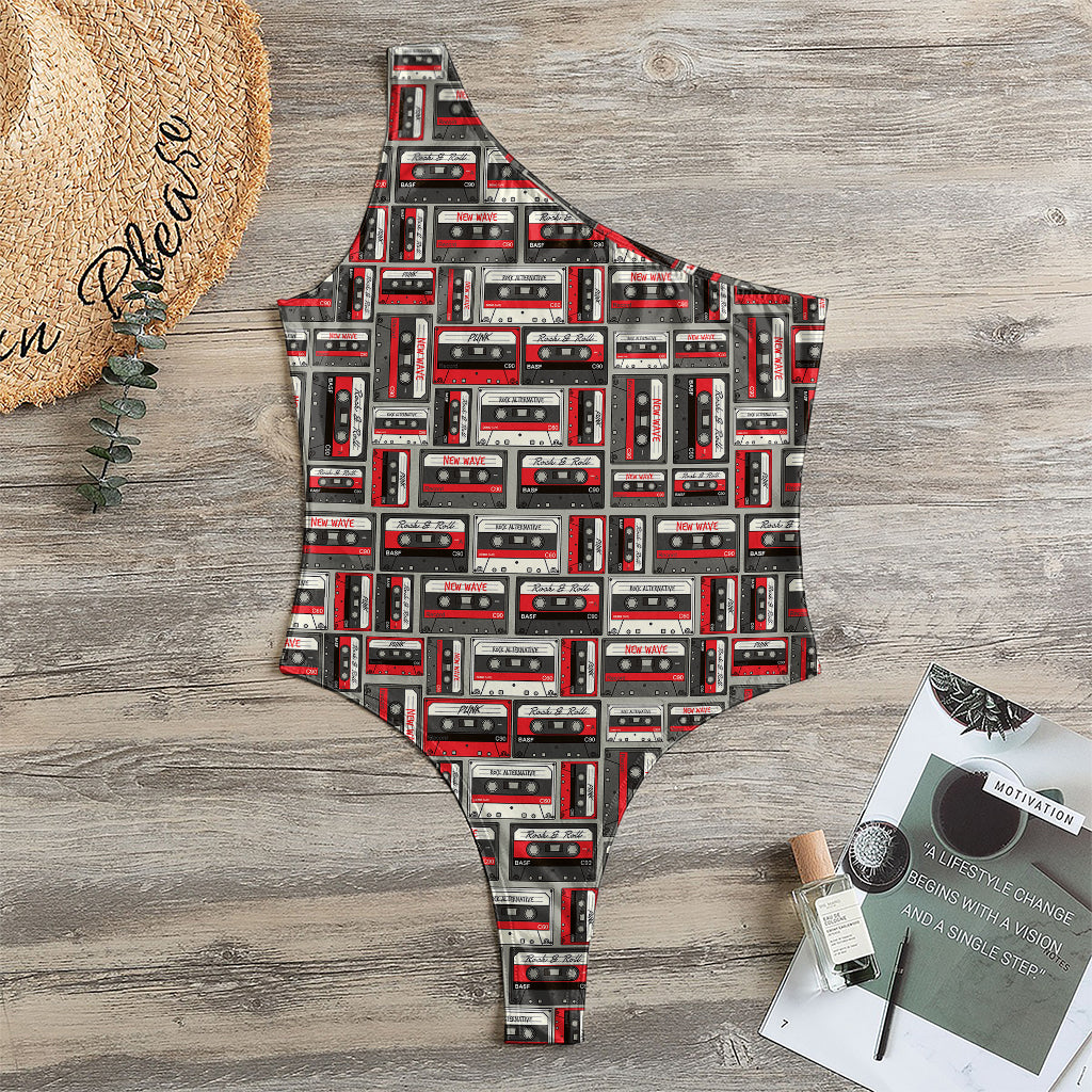 Retro Cassette Tape Pattern Print One Shoulder Bodysuit