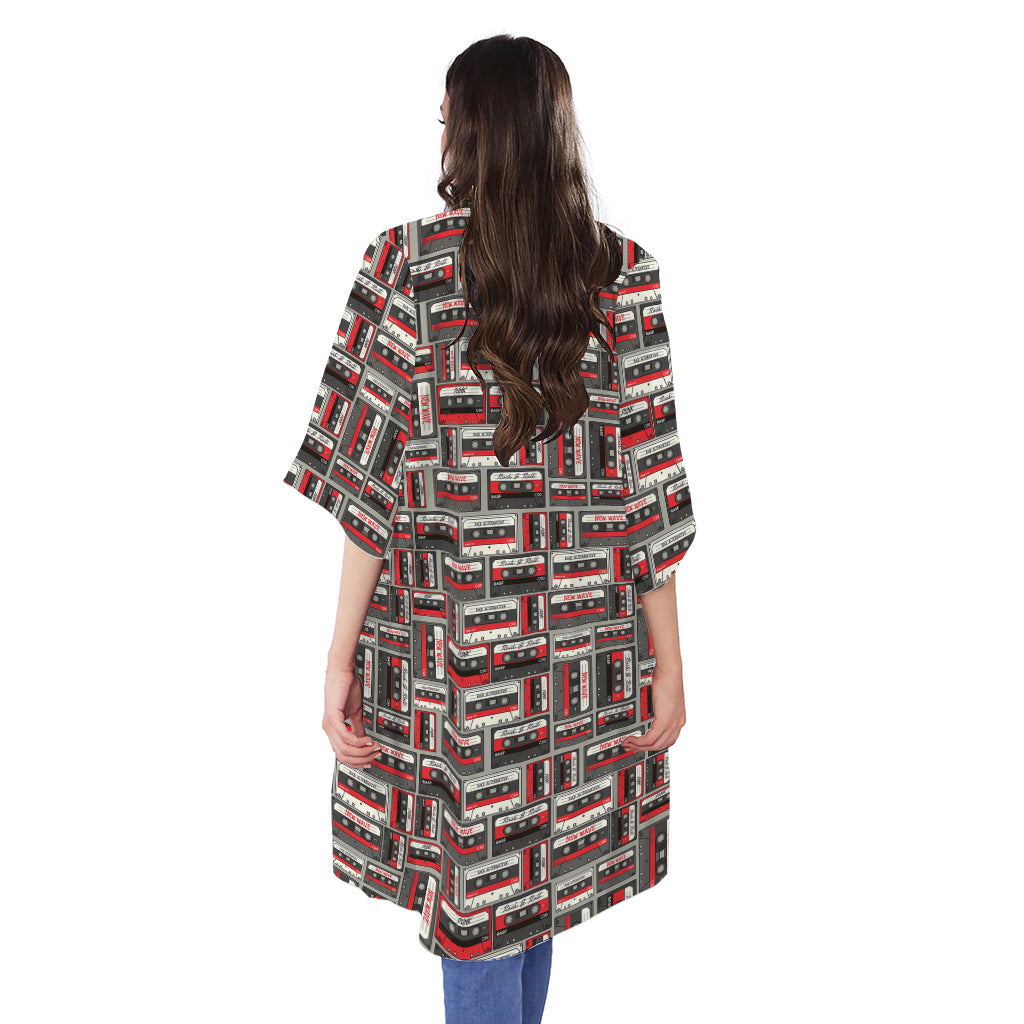 Retro Cassette Tape Pattern Print Open Front Beach Cover Up