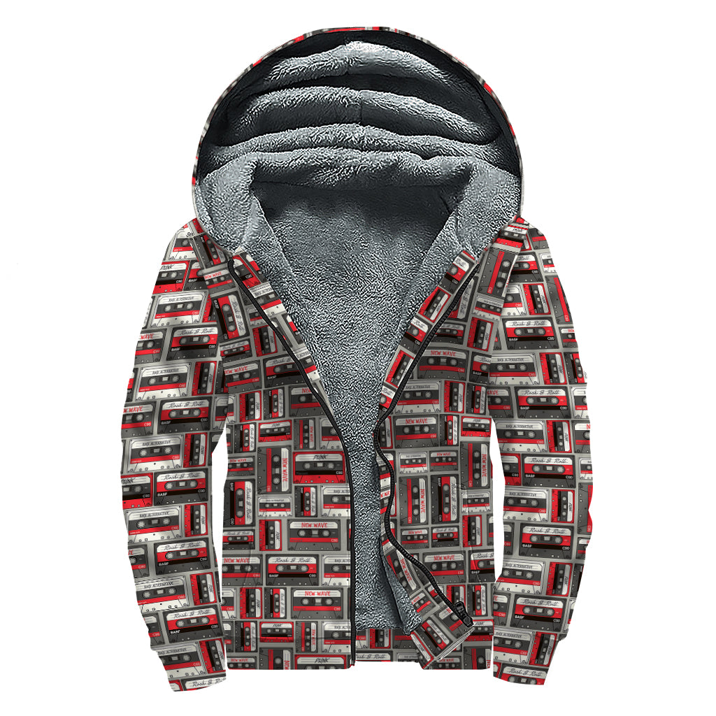 Retro Cassette Tape Pattern Print Sherpa Lined Zip Up Hoodie