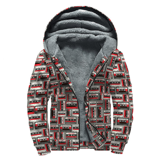Retro Cassette Tape Pattern Print Sherpa Lined Zip Up Hoodie
