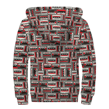 Retro Cassette Tape Pattern Print Sherpa Lined Zip Up Hoodie